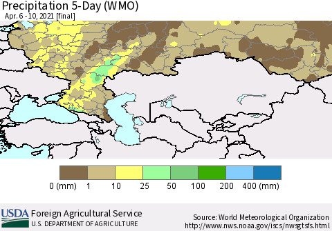 Russian Federation Precipitation 5-Day (WMO) Thematic Map For 4/6/2021 - 4/10/2021