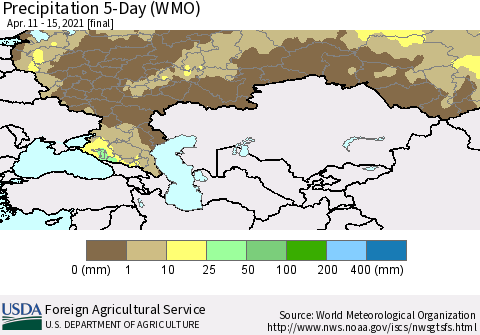 Russian Federation Precipitation 5-Day (WMO) Thematic Map For 4/11/2021 - 4/15/2021