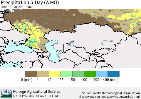 Russian Federation Precipitation 5-Day (WMO) Thematic Map For 4/16/2021 - 4/20/2021