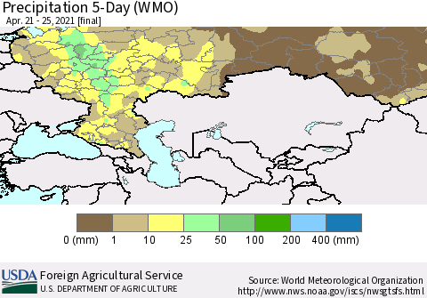 Russian Federation Precipitation 5-Day (WMO) Thematic Map For 4/21/2021 - 4/25/2021