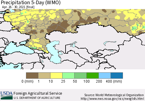 Russian Federation Precipitation 5-Day (WMO) Thematic Map For 4/26/2021 - 4/30/2021