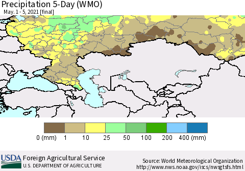 Russian Federation Precipitation 5-Day (WMO) Thematic Map For 5/1/2021 - 5/5/2021