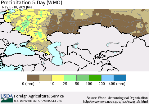 Russian Federation Precipitation 5-Day (WMO) Thematic Map For 5/6/2021 - 5/10/2021