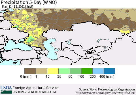 Russian Federation Precipitation 5-Day (WMO) Thematic Map For 5/11/2021 - 5/15/2021