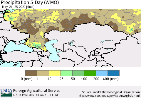 Russian Federation Precipitation 5-Day (WMO) Thematic Map For 5/21/2021 - 5/25/2021