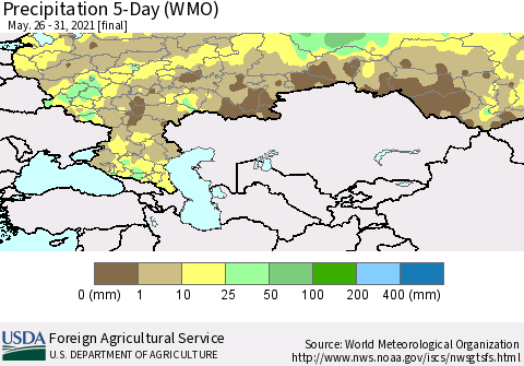 Russian Federation Precipitation 5-Day (WMO) Thematic Map For 5/26/2021 - 5/31/2021