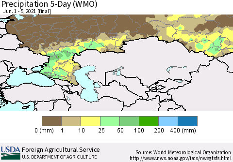 Russian Federation Precipitation 5-Day (WMO) Thematic Map For 6/1/2021 - 6/5/2021