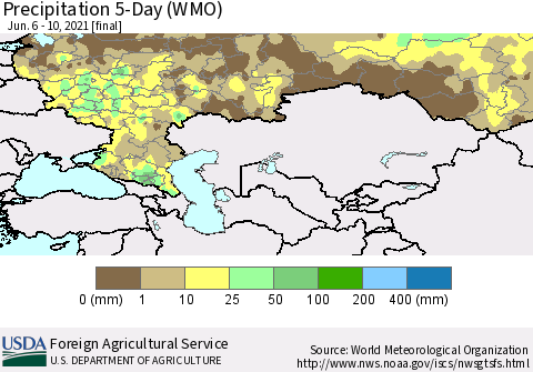 Russian Federation Precipitation 5-Day (WMO) Thematic Map For 6/6/2021 - 6/10/2021