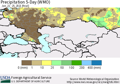Russian Federation Precipitation 5-Day (WMO) Thematic Map For 6/21/2021 - 6/25/2021