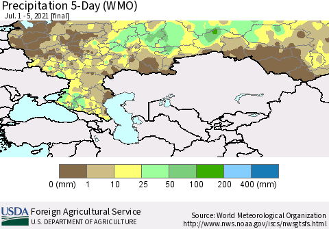 Russian Federation Precipitation 5-Day (WMO) Thematic Map For 7/1/2021 - 7/5/2021