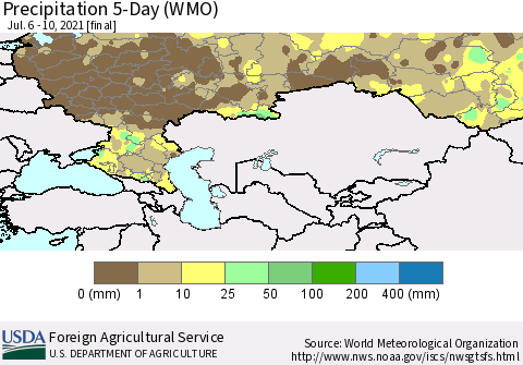 Russian Federation Precipitation 5-Day (WMO) Thematic Map For 7/6/2021 - 7/10/2021