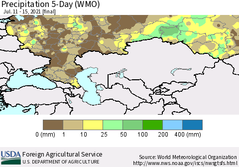 Russian Federation Precipitation 5-Day (WMO) Thematic Map For 7/11/2021 - 7/15/2021