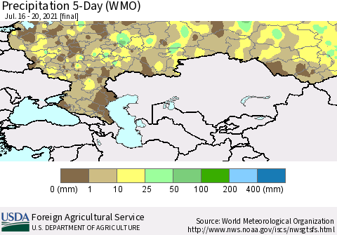 Russian Federation Precipitation 5-Day (WMO) Thematic Map For 7/16/2021 - 7/20/2021