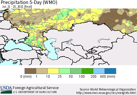 Russian Federation Precipitation 5-Day (WMO) Thematic Map For 7/21/2021 - 7/25/2021