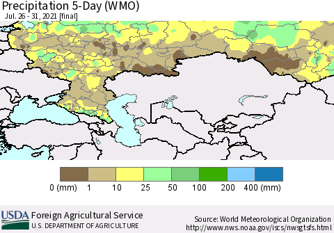 Russian Federation Precipitation 5-Day (WMO) Thematic Map For 7/26/2021 - 7/31/2021