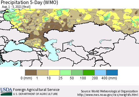 Russian Federation Precipitation 5-Day (WMO) Thematic Map For 8/1/2021 - 8/5/2021