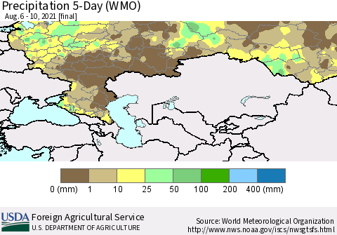 Russian Federation Precipitation 5-Day (WMO) Thematic Map For 8/6/2021 - 8/10/2021