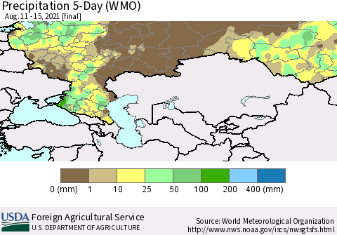 Russian Federation Precipitation 5-Day (WMO) Thematic Map For 8/11/2021 - 8/15/2021