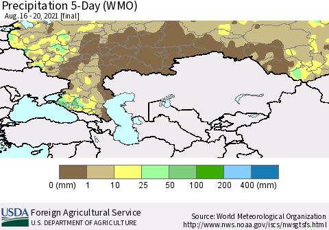 Russian Federation Precipitation 5-Day (WMO) Thematic Map For 8/16/2021 - 8/20/2021