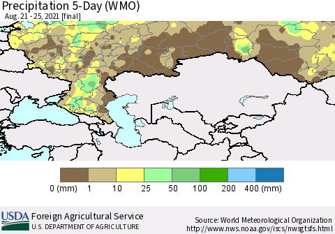 Russian Federation Precipitation 5-Day (WMO) Thematic Map For 8/21/2021 - 8/25/2021