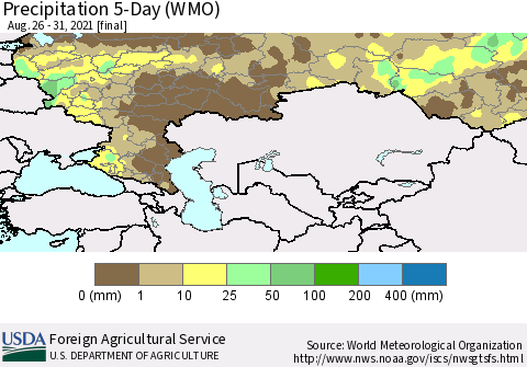 Russian Federation Precipitation 5-Day (WMO) Thematic Map For 8/26/2021 - 8/31/2021