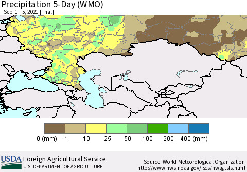 Russian Federation Precipitation 5-Day (WMO) Thematic Map For 9/1/2021 - 9/5/2021