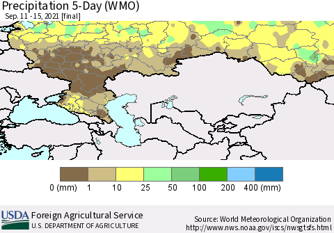 Russian Federation Precipitation 5-Day (WMO) Thematic Map For 9/11/2021 - 9/15/2021