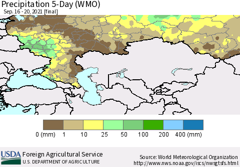 Russian Federation Precipitation 5-Day (WMO) Thematic Map For 9/16/2021 - 9/20/2021