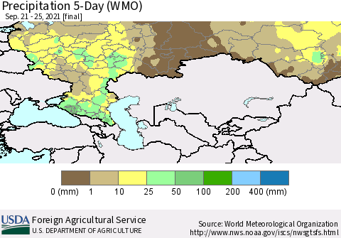 Russian Federation Precipitation 5-Day (WMO) Thematic Map For 9/21/2021 - 9/25/2021