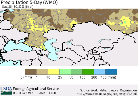 Russian Federation Precipitation 5-Day (WMO) Thematic Map For 9/26/2021 - 9/30/2021