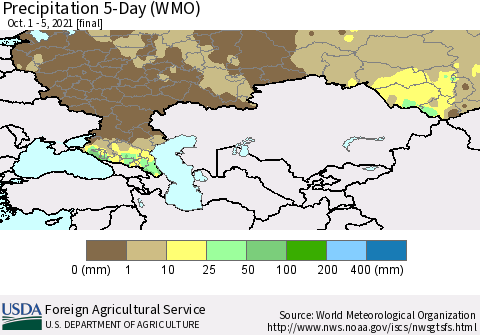 Russian Federation Precipitation 5-Day (WMO) Thematic Map For 10/1/2021 - 10/5/2021
