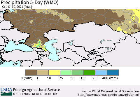 Russian Federation Precipitation 5-Day (WMO) Thematic Map For 10/6/2021 - 10/10/2021