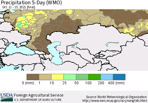 Russian Federation Precipitation 5-Day (WMO) Thematic Map For 10/11/2021 - 10/15/2021