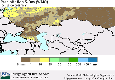 Russian Federation Precipitation 5-Day (WMO) Thematic Map For 10/16/2021 - 10/20/2021