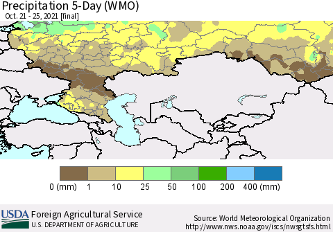 Russian Federation Precipitation 5-Day (WMO) Thematic Map For 10/21/2021 - 10/25/2021