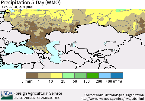 Russian Federation Precipitation 5-Day (WMO) Thematic Map For 10/26/2021 - 10/31/2021