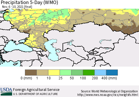 Russian Federation Precipitation 5-Day (WMO) Thematic Map For 11/6/2021 - 11/10/2021