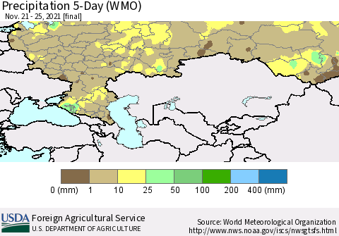 Russian Federation Precipitation 5-Day (WMO) Thematic Map For 11/21/2021 - 11/25/2021