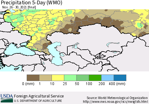 Russian Federation Precipitation 5-Day (WMO) Thematic Map For 11/26/2021 - 11/30/2021