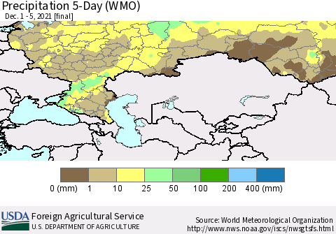 Russian Federation Precipitation 5-Day (WMO) Thematic Map For 12/1/2021 - 12/5/2021