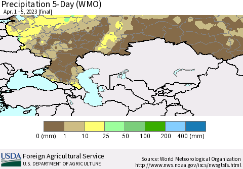 Russian Federation Precipitation 5-Day (WMO) Thematic Map For 4/1/2023 - 4/5/2023
