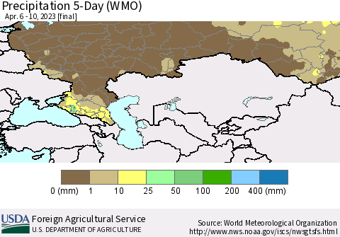 Russian Federation Precipitation 5-Day (WMO) Thematic Map For 4/6/2023 - 4/10/2023