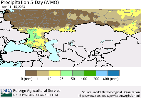 Russian Federation Precipitation 5-Day (WMO) Thematic Map For 4/11/2023 - 4/15/2023