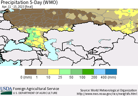 Russian Federation Precipitation 5-Day (WMO) Thematic Map For 4/11/2023 - 4/15/2023