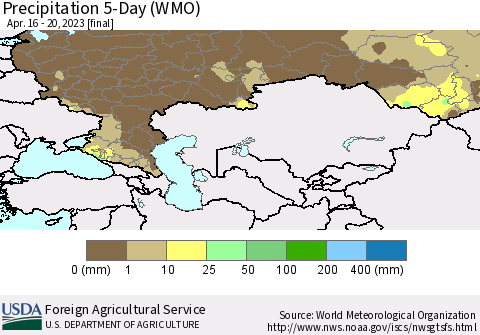 Russian Federation Precipitation 5-Day (WMO) Thematic Map For 4/16/2023 - 4/20/2023