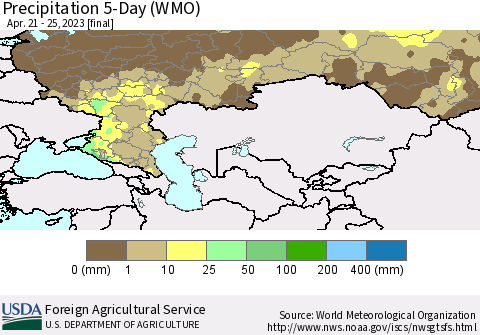 Russian Federation Precipitation 5-Day (WMO) Thematic Map For 4/21/2023 - 4/25/2023