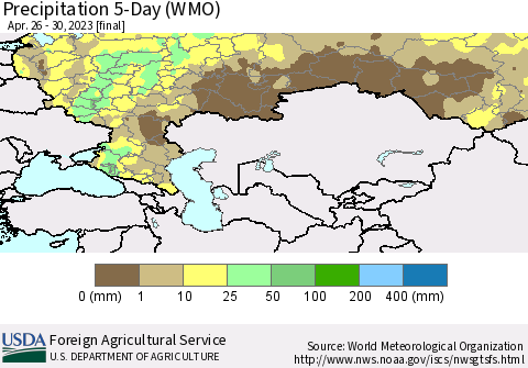 Russian Federation Precipitation 5-Day (WMO) Thematic Map For 4/26/2023 - 4/30/2023