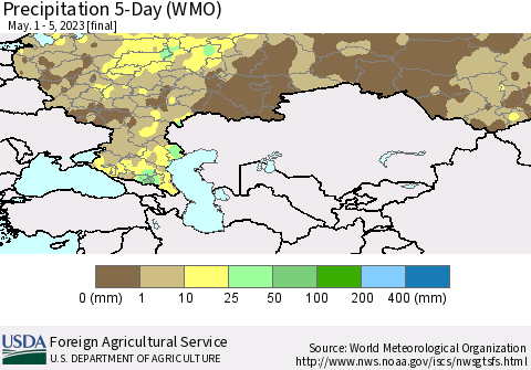Russian Federation Precipitation 5-Day (WMO) Thematic Map For 5/1/2023 - 5/5/2023