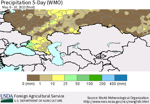 Russian Federation Precipitation 5-Day (WMO) Thematic Map For 5/6/2023 - 5/10/2023