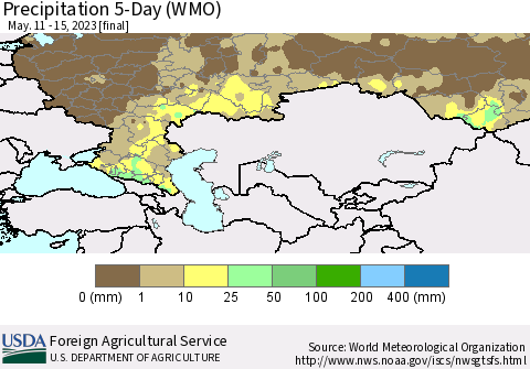 Russian Federation Precipitation 5-Day (WMO) Thematic Map For 5/11/2023 - 5/15/2023